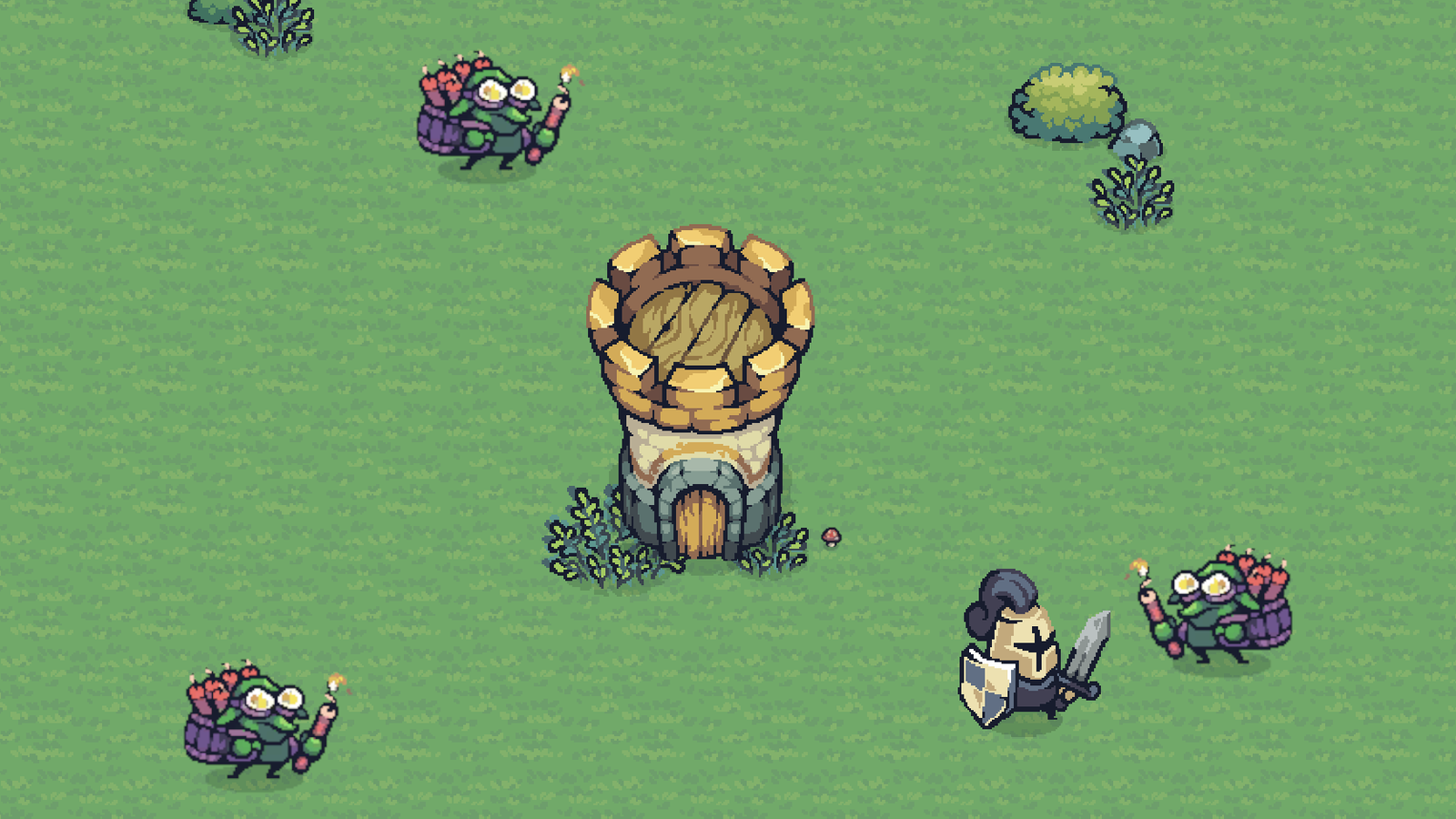 Pixel-art scene with a central tower, a knight, and several enemies