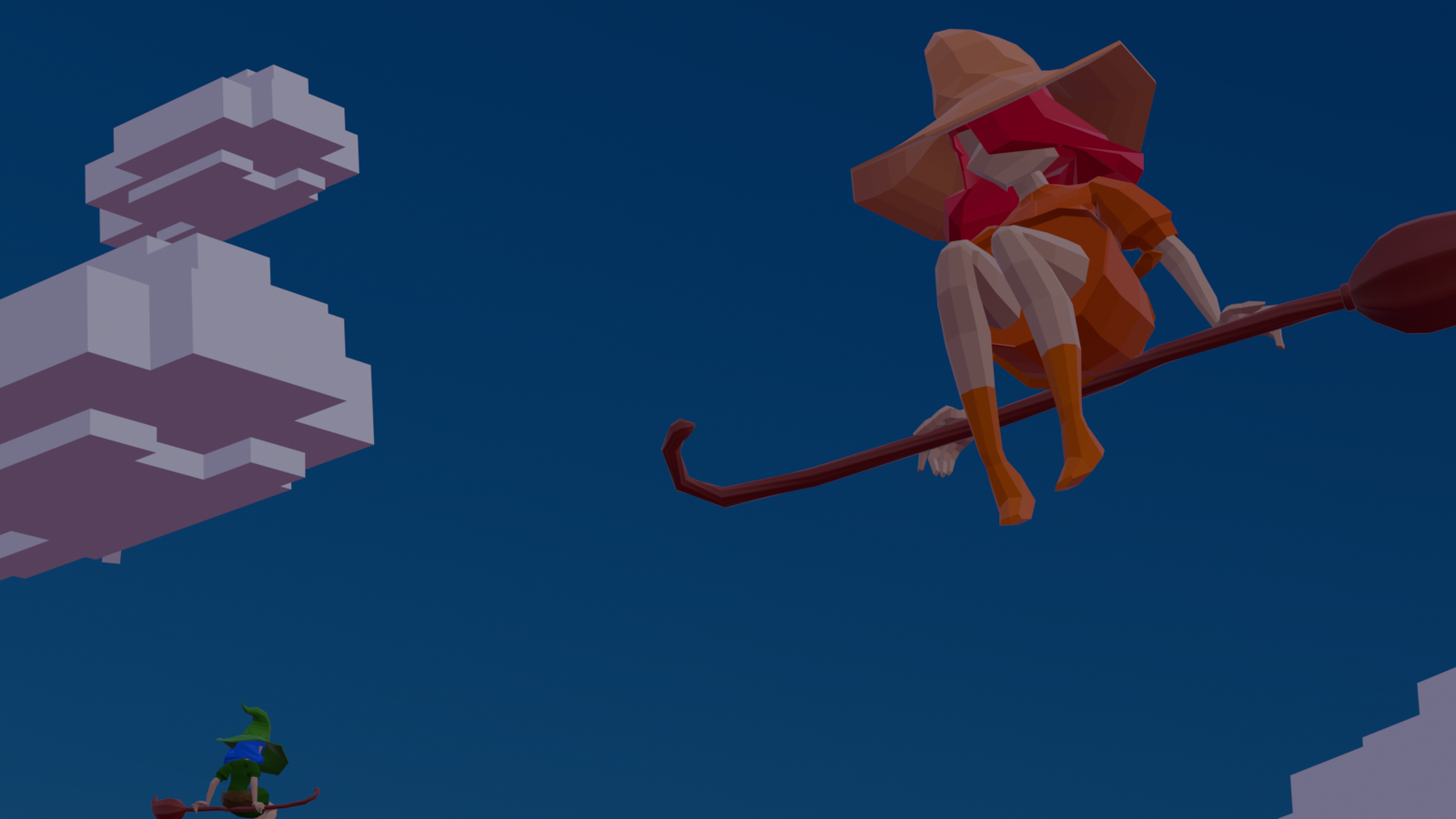 Two low-poly witches flying on broomsticks in the Hex'n Catch poster